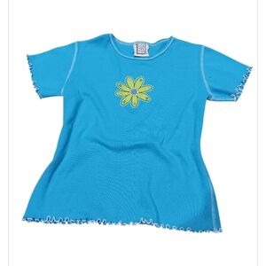Y2k 90 S Vibrant Blue Short Sleeve Tee with Yellow Flower